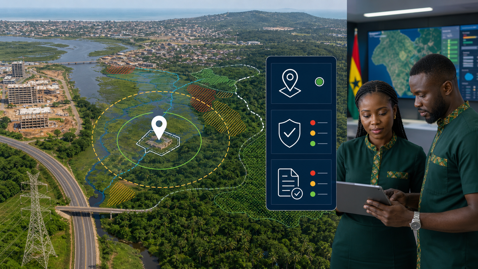 Environmental assessment officers review mapped constraints around a proposed project site in Ghana