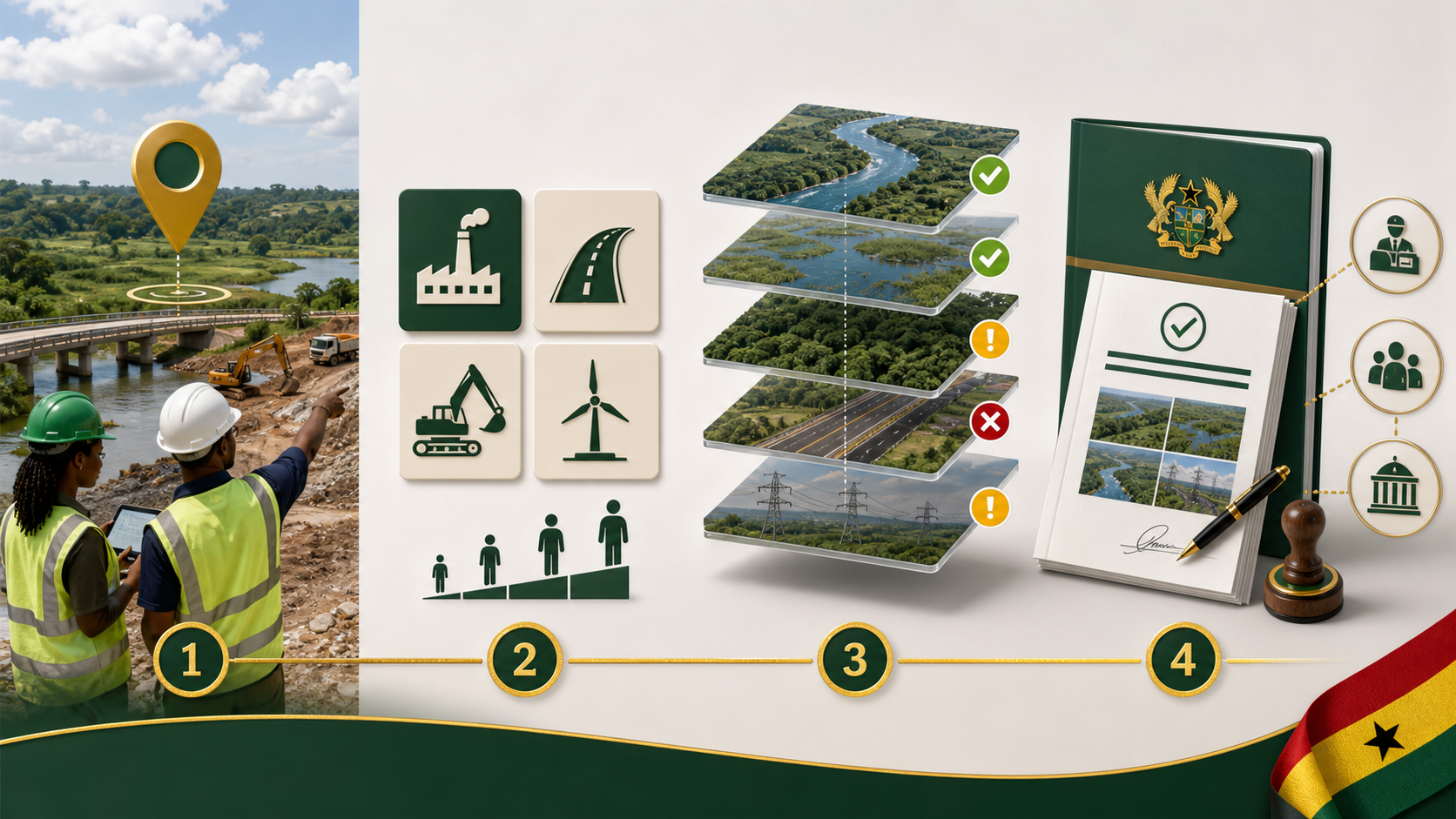 Four-stage Ghana environmental assessment workflow from project location to documented officer output